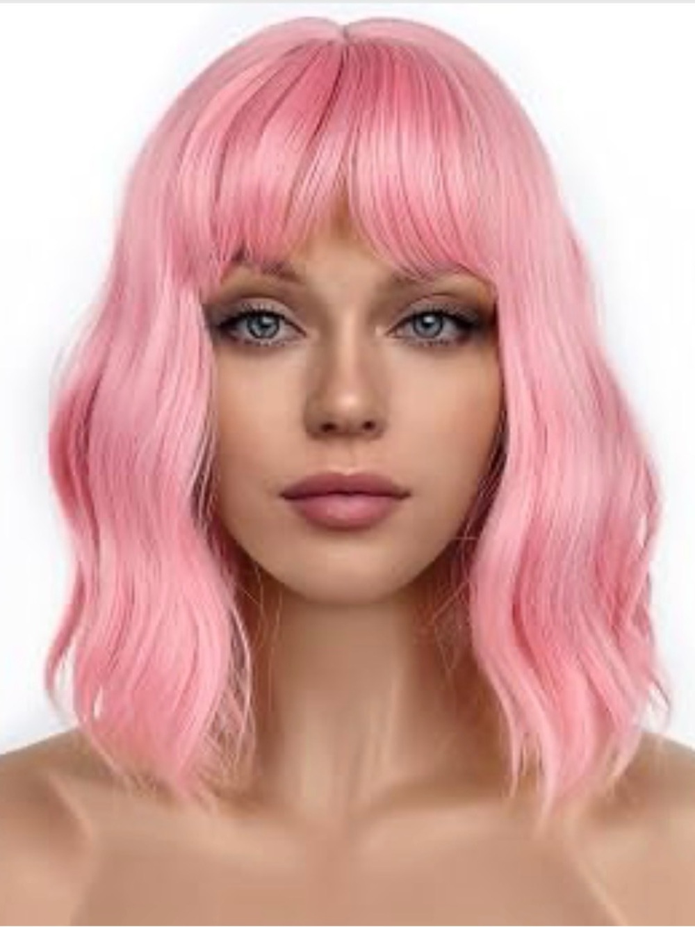 Lancaini Pastel Bob Wigs with Bangs for Women Loose Wavy Wig Pastel Wavy Pink
